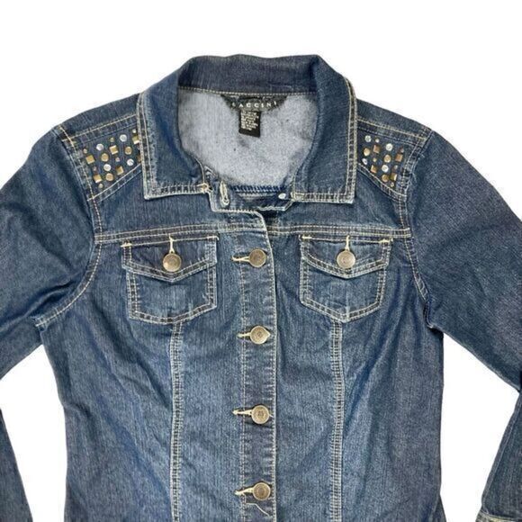 Baccini Denim Jacket Womens Size Medium Blue Dark Washed Embellished Button Up - Picture 2 of 16